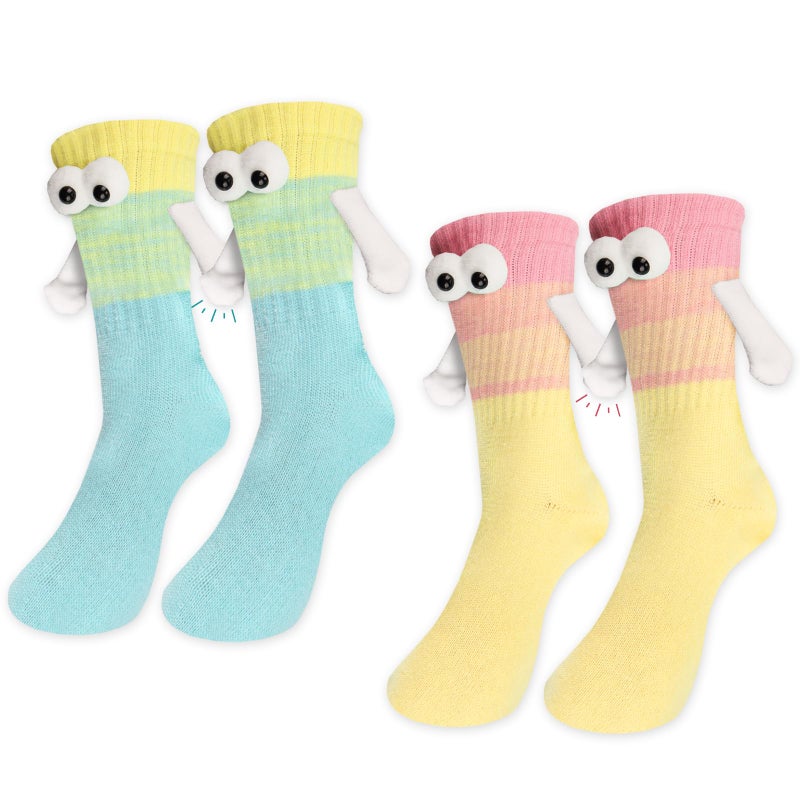 Habbiful 2 Pairs Holding Hands Socks Magnetic Suction 3D Doll Couple Sock for Unisex Adults Funny Socks Gifts for Wedding Anniversary Day Lovers Coworkers Buddies Yellow Blue - Image 1